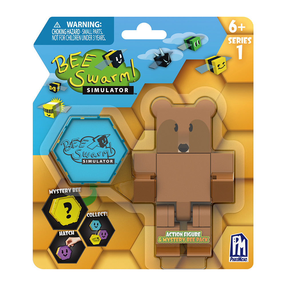 Bee Swarm Simulator – Brown Bear Action Figure Pack w/ Mystery Bee & Honeycomb Case (5” Articulated Figure & Bonus Items, Series 1)