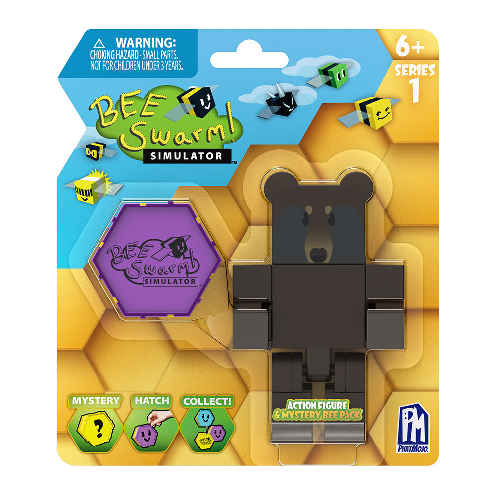 Bee Swarm Simulator – Black Bear Action Figure Pack w/ Mystery Bee & Honeycomb Case (5” Articulated Figure & Bonus Items, Series 1)